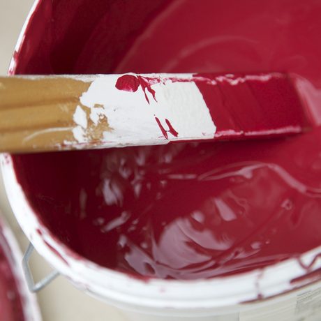 Detail: Ein Pinsel wird in einen frisch angemischten Rotton in einen Farbeimer eingetaucht.